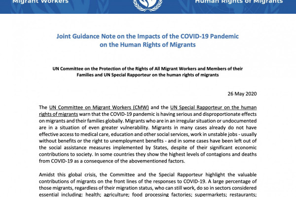 Joint Guidance Note on the Impacts of the COVID-19 Pandemic on the Human Rights of Migrants