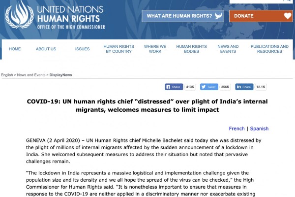 COVID-19: UN Human Rights Chief “Distressed” over Plight of India’s Internal Migrants, Welcomes Measures to Limit Impact