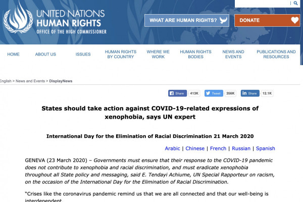States Should Take Action Against COVID-19-Related Expressions of Xenophobia, says UN Expert