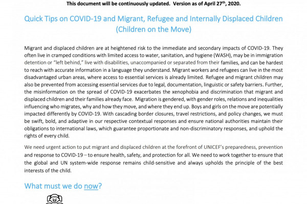Quick Tips on COVID-19 and Migrant, Refugee and Internally Displaced Children (Children on the Move