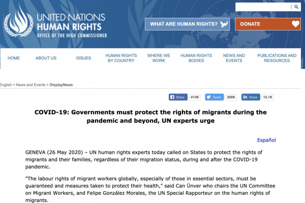 COVID-19: Governments Must Protect the Rights of Migrants During the Pandemic and Beyond, UN Experts Urge