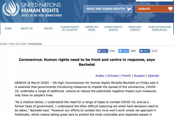 Coronavirus: Human Rights Need to be Front and Centre in Response, says Bachelet