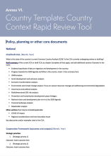 A document with guiding questions titled “Country Template: Country Context Rapid Review Tool”