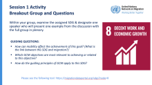 A PowerPoint slide with the icon for SDG 8 Decent Work and Economic Growth with text that reads “Session 1 Activity Breakout Group and Questions”
