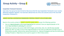 A PowerPoint slide with text instructions to complete the group activity using an existing Cooperation Framework outcome