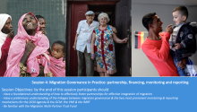 A PowerPoint slide showing three families in side-by-side frames with text that reads “Session 4: Migration Governance in Practice: Partnership, Financing, Monitoring and Reporting”